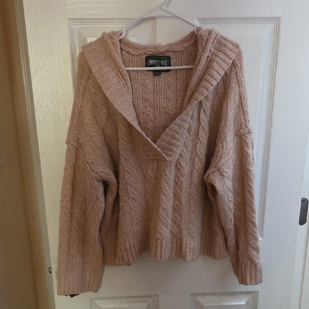 American Eagle Outfitters Women's Hooded Pink V-Neck Sweater